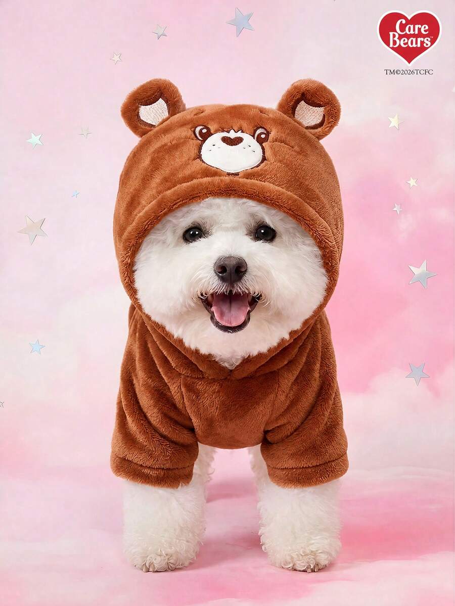 Care Bears X PETSIN 1pc Brown Heart-Shaped Bear Embroidered Pet Cosplay Hoodie With 3D Tail, Velvet Warm Thick Sweatshirt For Cats And Dogs, Great For Cozy Indoor Lounging Or Chilly Outdoor Winter Walks