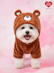 Care Bears X PETSIN 1pc Brown Heart-Shaped Bear Embroidered Pet Cosplay Hoodie With 3D Tail, Velvet Warm Thick Sweatshirt For Cats And Dogs, Great For Cozy Indoor Lounging Or Chilly Outdoor Winter Walks