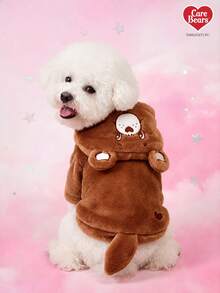 Care Bears X PETSIN 1pc Brown Heart-Shaped Bear Embroidered Pet Cosplay Hoodie With 3D Tail, Velvet Warm Thick Sweatshirt For Cats And Dogs, Great For Cozy Indoor Lounging Or Chilly Outdoor Winter Walks