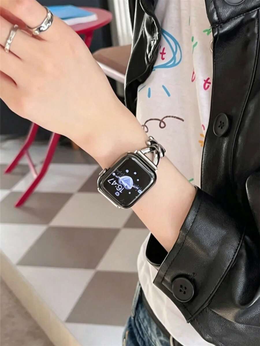 Ženska narukvica za sat od nerđajućeg čelika i kože, kompatibilna sa Apple Watch 42mm, 38mm, 40mm, 41mm, 44mm, 45mm, 46mm, 49mm