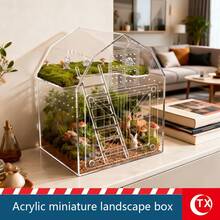 TX 8.81*6.8*6.02 Inch Jumping Spider Terrarium, High Transparency Acrylic House-Shaped Tank, Layered Landscape Design, Suitable For Geckos, Reptiles, Tarantulas And Amphibians. Home Decor, Desktop Small Landscape Display Box, Suitable For Humid And Dry Environments, Magnetic Front Opening Door To Prevent Larvae Escape, Multi-Sided Ventilation, With Window, Comes With Acrylic Ladder.