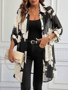 SHEIN Clasi Women's Floral Pattern Roll-Up Sleeve Loose Fashion Elegant Casual Blouse