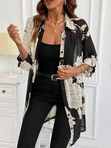 SHEIN Clasi Women's Floral Pattern Roll-Up Sleeve Loose Fashion Elegant Casual Blouse