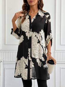 SHEIN Clasi Women's Floral Pattern Roll-Up Sleeve Loose Fashion Elegant Casual Blouse