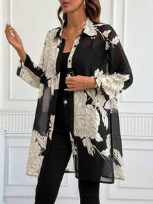 SHEIN Clasi Women's Floral Pattern Roll-Up Sleeve Loose Fashion Elegant Casual Blouse