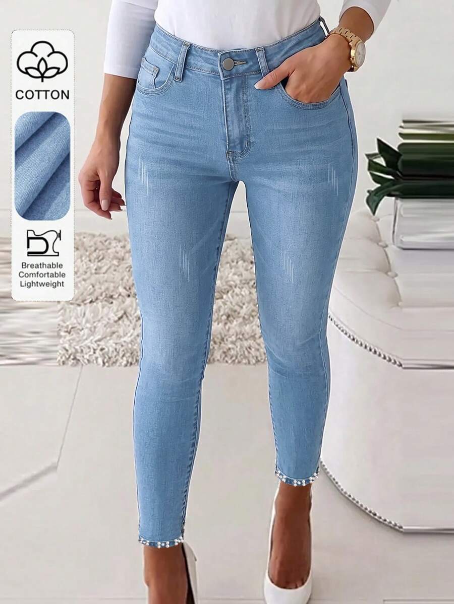Ženske moderne uske farmeri sa štrasom, slim fit, ležerne