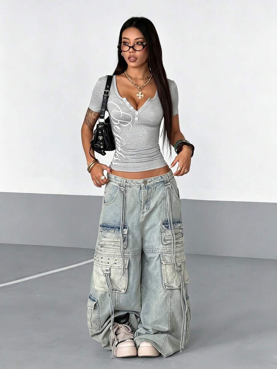 StreetHx Ženski Henley Crop Top
