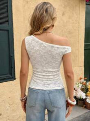 Elyressa Women's Asymmetrical One-Shoulder Lace Crop Top With Metal Rings, Ruched Slim Fit Sexy Cami