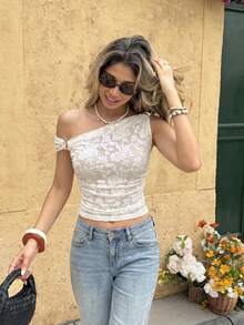 Elyressa Women's Asymmetrical One-Shoulder Lace Crop Top With Metal Rings, Ruched Slim Fit Sexy Cami