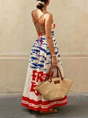 Vaclyn Bohemian Style Women's Casual Elegant Vacation Colorblock English Letter Latin Fish Print Sleeveless Dress, Spring/Summer Party