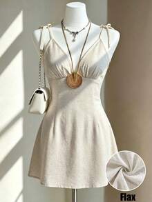 Franclia Beige,Summer,Elegant,Holiday,Vacation,Holiday Women Cotton Linen Spaghetti Strap Deep V-Neck Mini Dress,Solid Color Tie-Waist Slim Fit A-Line Outfit