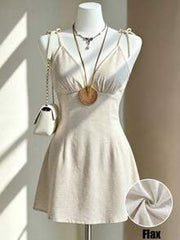 Franclia Beige,Summer,Elegant,Holiday,Vacation,Holiday Women Cotton Linen Spaghetti Strap Deep V-Neck Mini Dress,Solid Color Tie-Waist Slim Fit A-Line Outfit