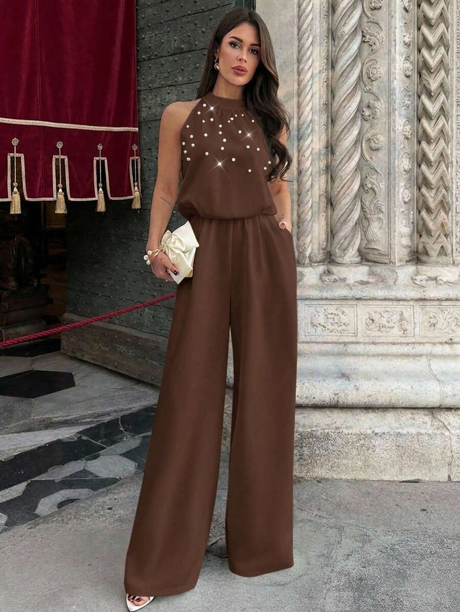 Ženski elegantni kombinezon bez rukava sa perlama