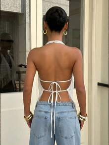 Muchica Women's Solid Color Halter Backless Tassel Design Sexy Versatile Casual Top,Summer Top