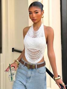 Muchica Women's Solid Color Halter Backless Tassel Design Sexy Versatile Casual Top,Summer Top