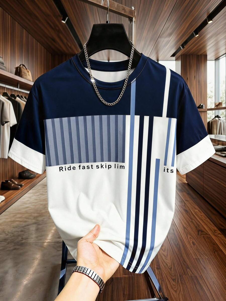 Muška ležerna letnja majica kratkih rukava sa okruglim izrezom i blok-bojama, streetwear stil