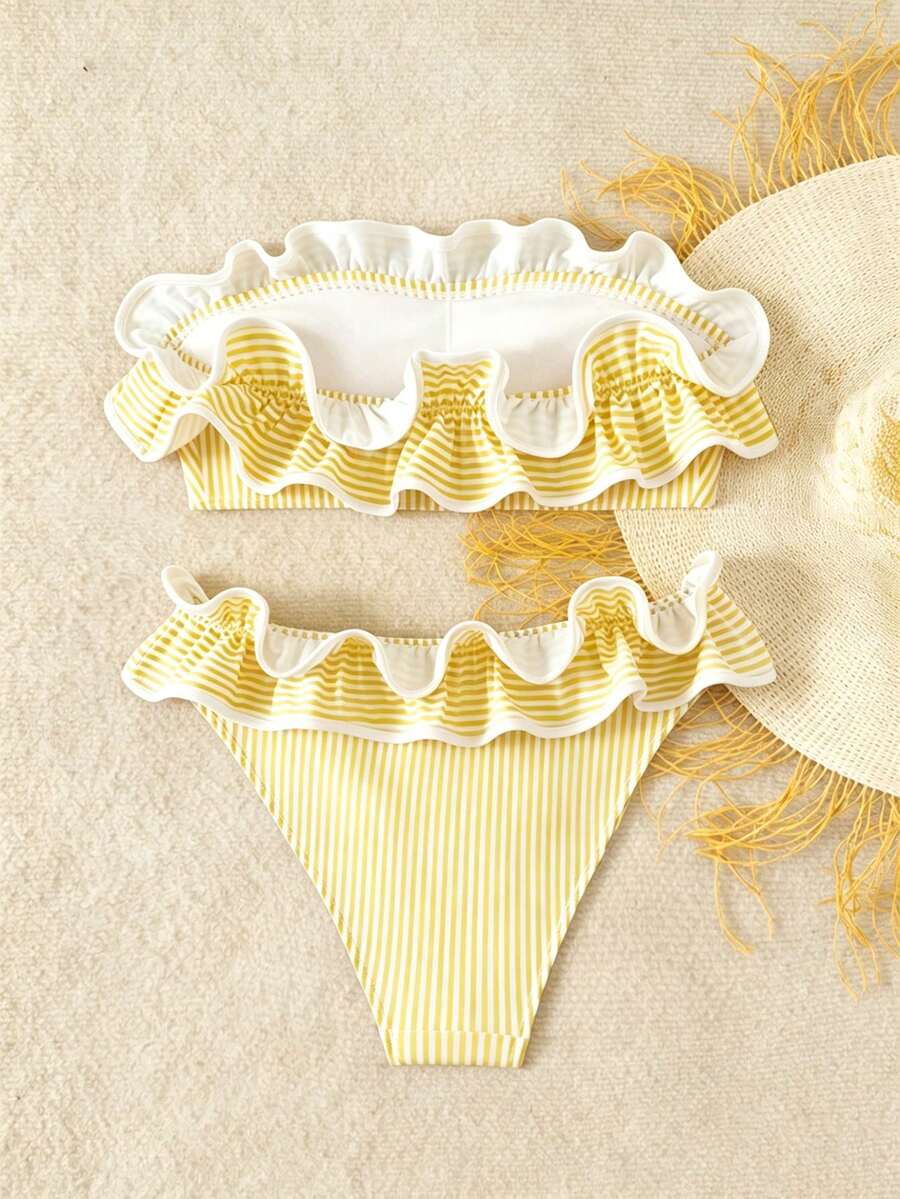 Ženski kupaći  Plava Prugasta Tkanina Talasasti Ruffles Trim