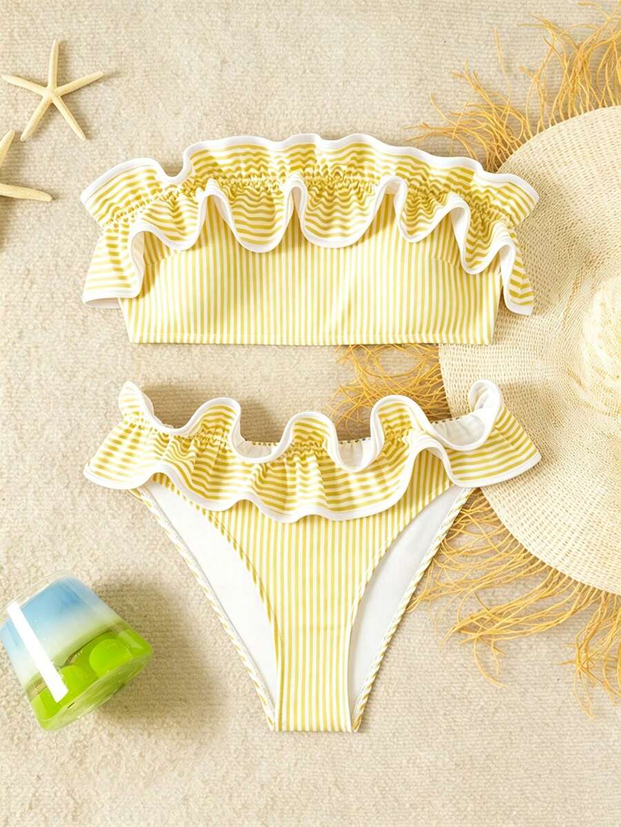 Ženski kupaći  Plava Prugasta Tkanina Talasasti Ruffles Trim