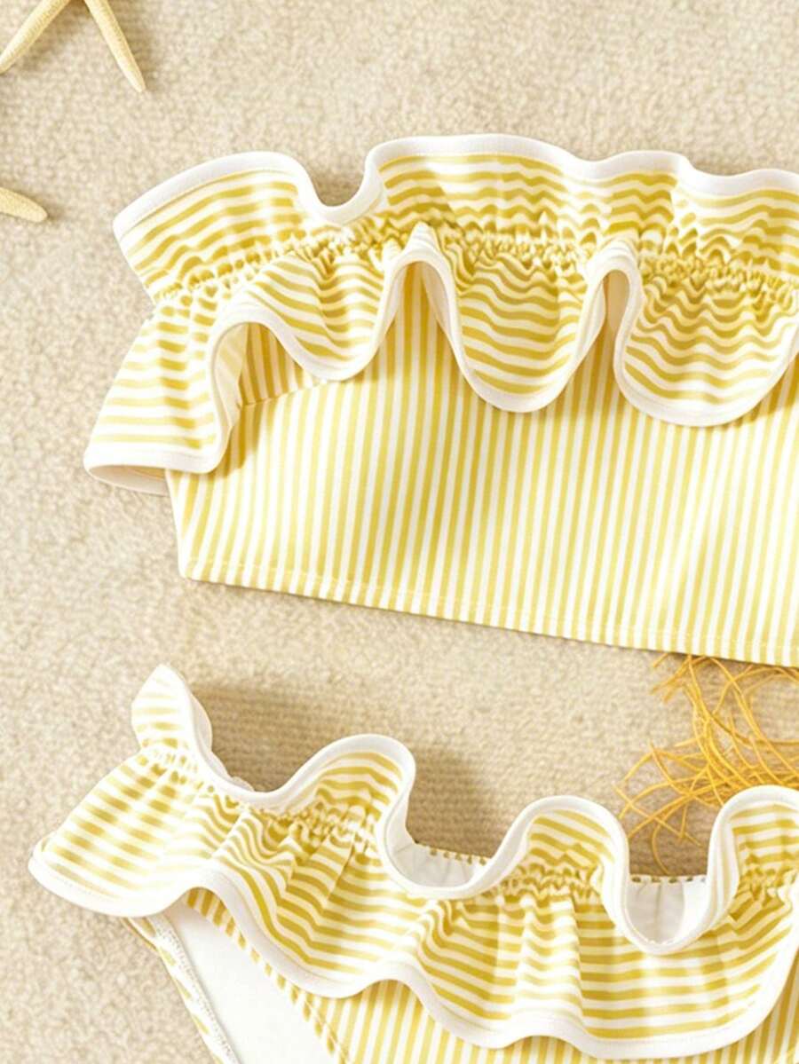 Ženski kupaći  Plava Prugasta Tkanina Talasasti Ruffles Trim