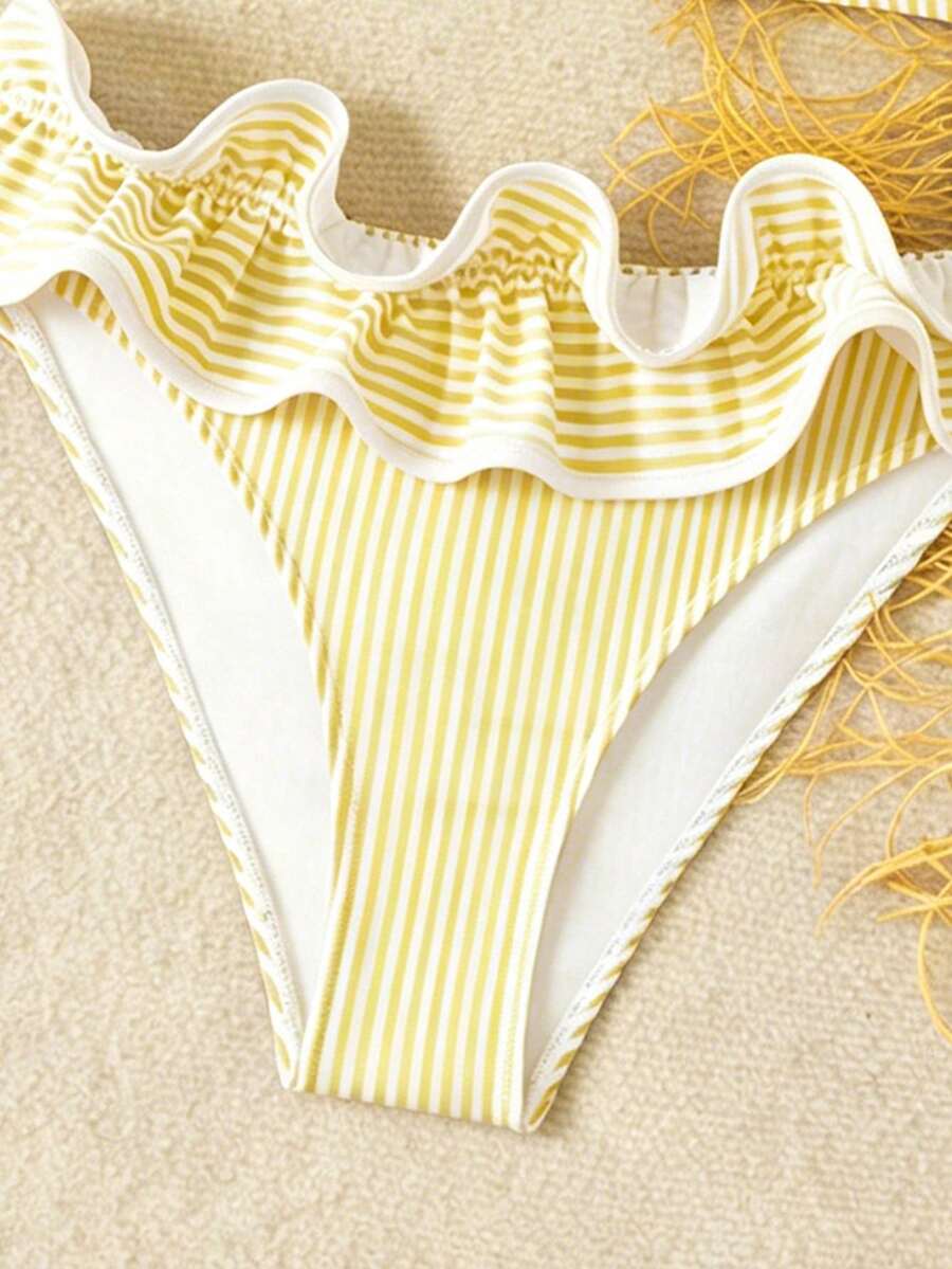 Ženski kupaći  Plava Prugasta Tkanina Talasasti Ruffles Trim
