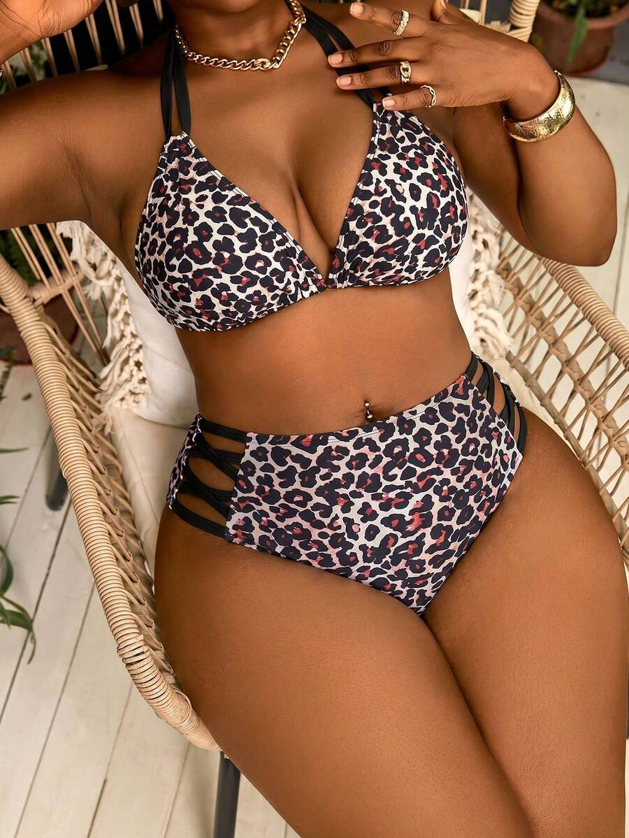 Seksi dvodeli bikini set sa printom i tankim kaišićima, plus size