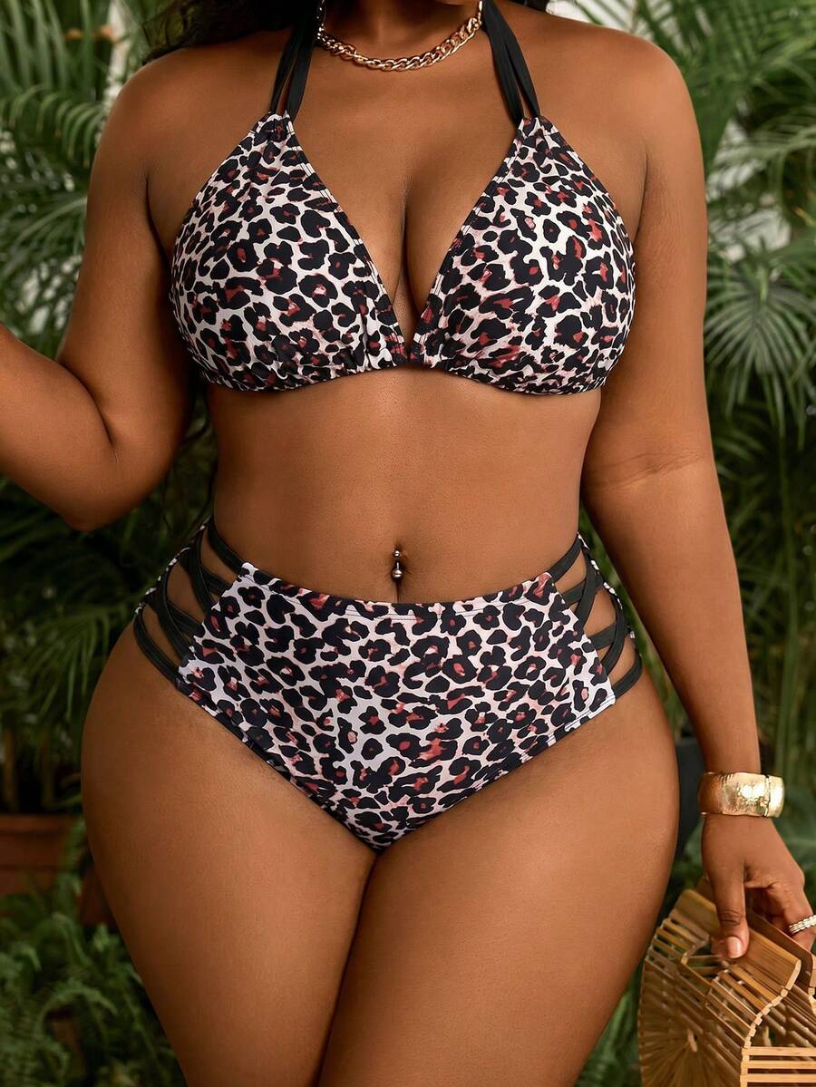Seksi dvodeli bikini set sa printom i tankim kaišićima, plus size