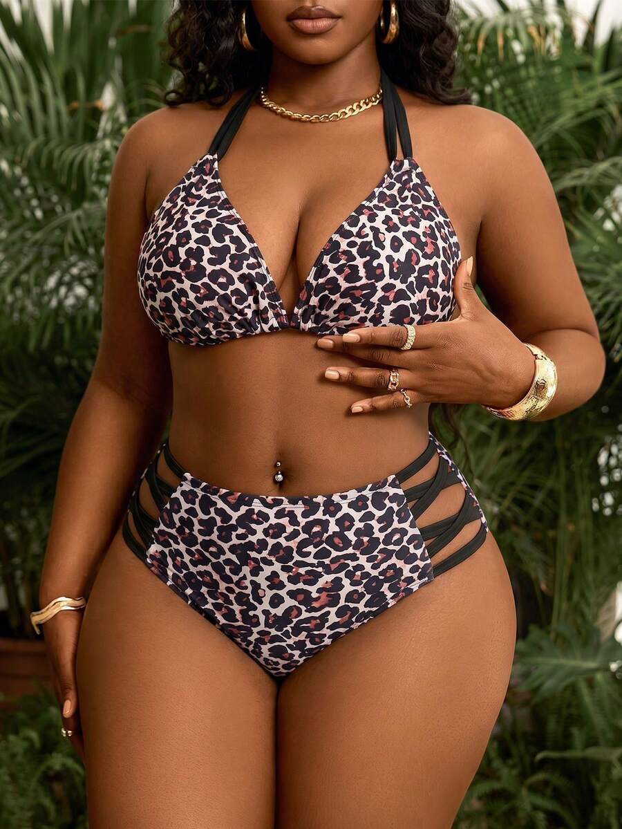 Seksi dvodeli bikini set sa printom i tankim kaišićima, plus size