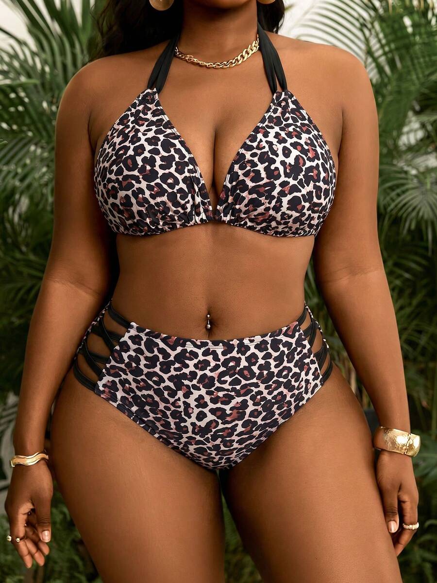 Seksi dvodeli bikini set sa printom i tankim kaišićima, plus size