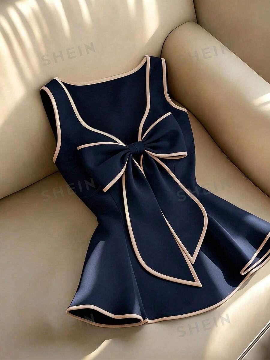 Franclia Women's Elegant Contrast Color Trim Bow Decor Camisole Top, Summer Party Navy Blue