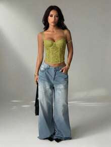 SHEIN PETITE Olive Green Lace Sheer Camisole Top , 70's Summer Party Disco Club Night, Cute Bralette, Strapless Corset Top, Summer Top For Women