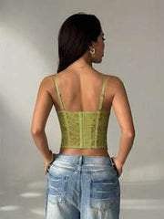 SHEIN PETITE Olive Green Lace Sheer Camisole Top , 70's Summer Party Disco Club Night, Cute Bralette, Strapless Corset Top, Summer Top For Women