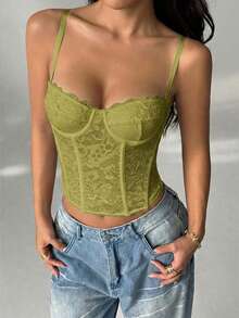 SHEIN PETITE Olive Green Lace Sheer Camisole Top , 70's Summer Party Disco Club Night, Cute Bralette, Strapless Corset Top, Summer Top For Women