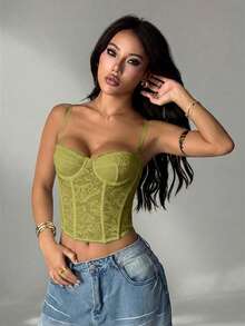 SHEIN PETITE Olive Green Lace Sheer Camisole Top , 70's Summer Party Disco Club Night, Cute Bralette, Strapless Corset Top, Summer Top For Women