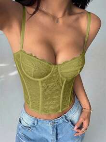 SHEIN PETITE Olive Green Lace Sheer Camisole Top , 70's Summer Party Disco Club Night, Cute Bralette, Strapless Corset Top, Summer Top For Women