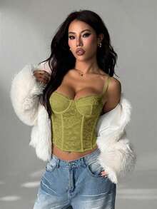 SHEIN PETITE Olive Green Lace Sheer Camisole Top , 70's Summer Party Disco Club Night, Cute Bralette, Strapless Corset Top, Summer Top For Women