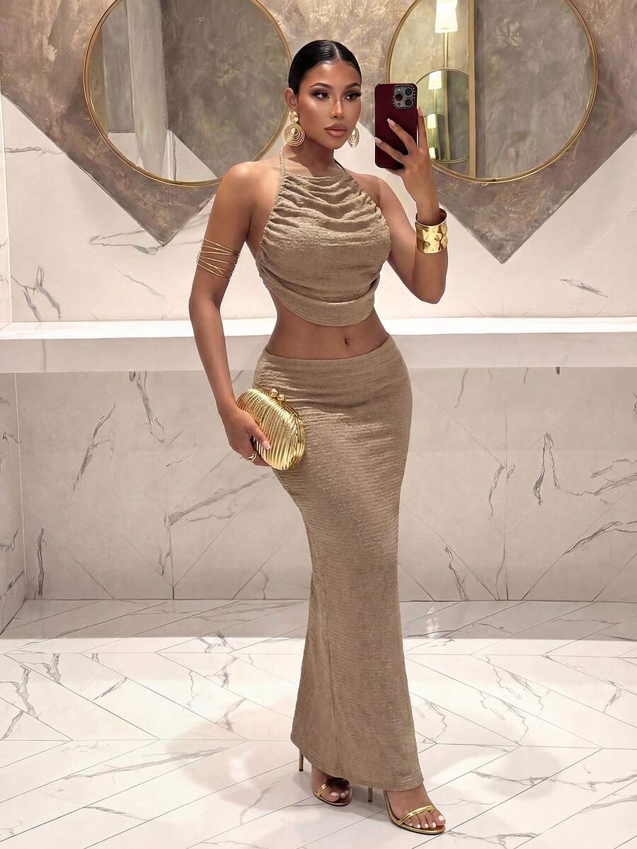 Ženski Set  - Halter Dekolte Ruffles Top & Maxi Suknja