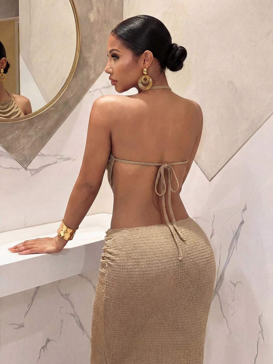 Ženski Set  - Halter Dekolte Ruffles Top & Maxi Suknja