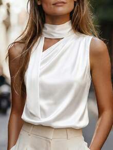 SHEIN Franclia Elegant White Summer Satin Halter Neck Sleeveless Glossy Top For Women