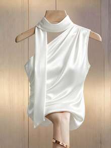 SHEIN Franclia Elegant White Summer Satin Halter Neck Sleeveless Glossy Top For Women