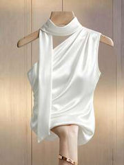 SHEIN Franclia Elegant White Summer Satin Halter Neck Sleeveless Glossy Top For Women