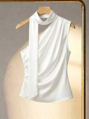 SHEIN Franclia Elegant White Summer Satin Halter Neck Sleeveless Glossy Top For Women