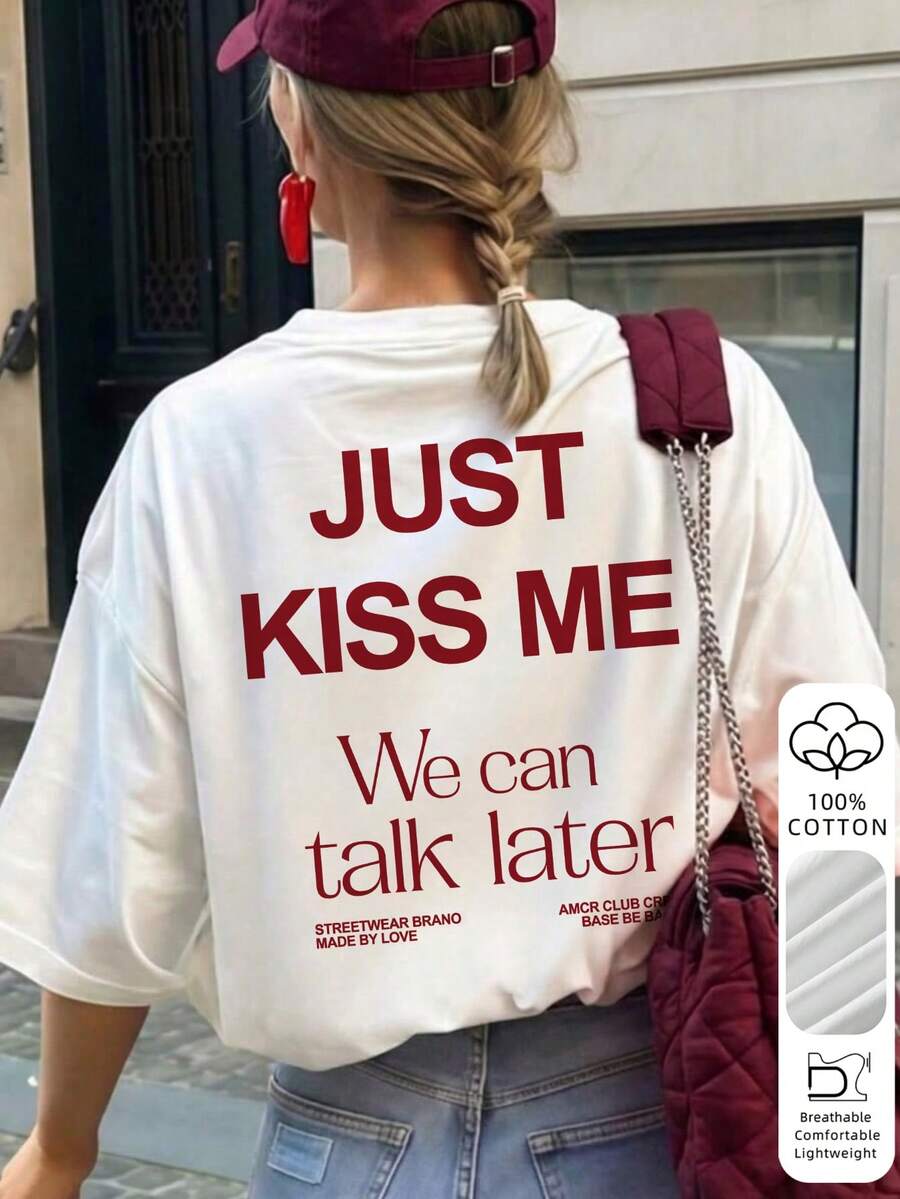 Women's Summer 100% Cotton Vintage Cartoon English Graphic Print Short Sleeve T-Shirt, Retro Round Neck With Back Print And Mini Logo On Front, Casual Street Style Top White