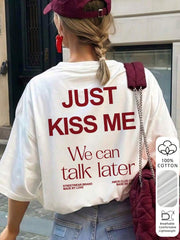 Women's Summer 100% Cotton Vintage Cartoon English Graphic Print Short Sleeve T-Shirt, Retro Round Neck With Back Print And Mini Logo On Front, Casual Street Style Top White
