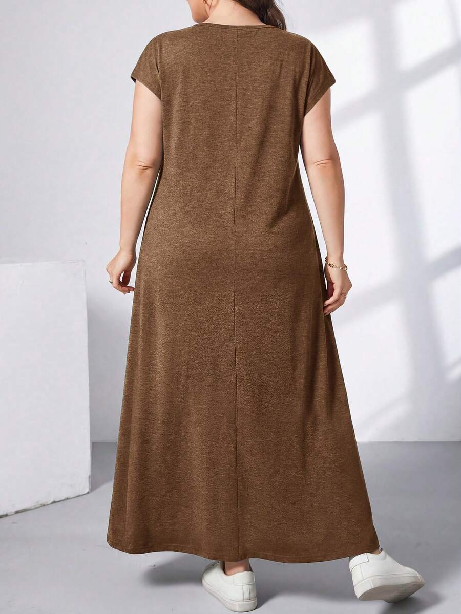 Ženska ležerna haljina plus size, jednobojna, sa okruglim izrezom, kratkim rukavima i džepom