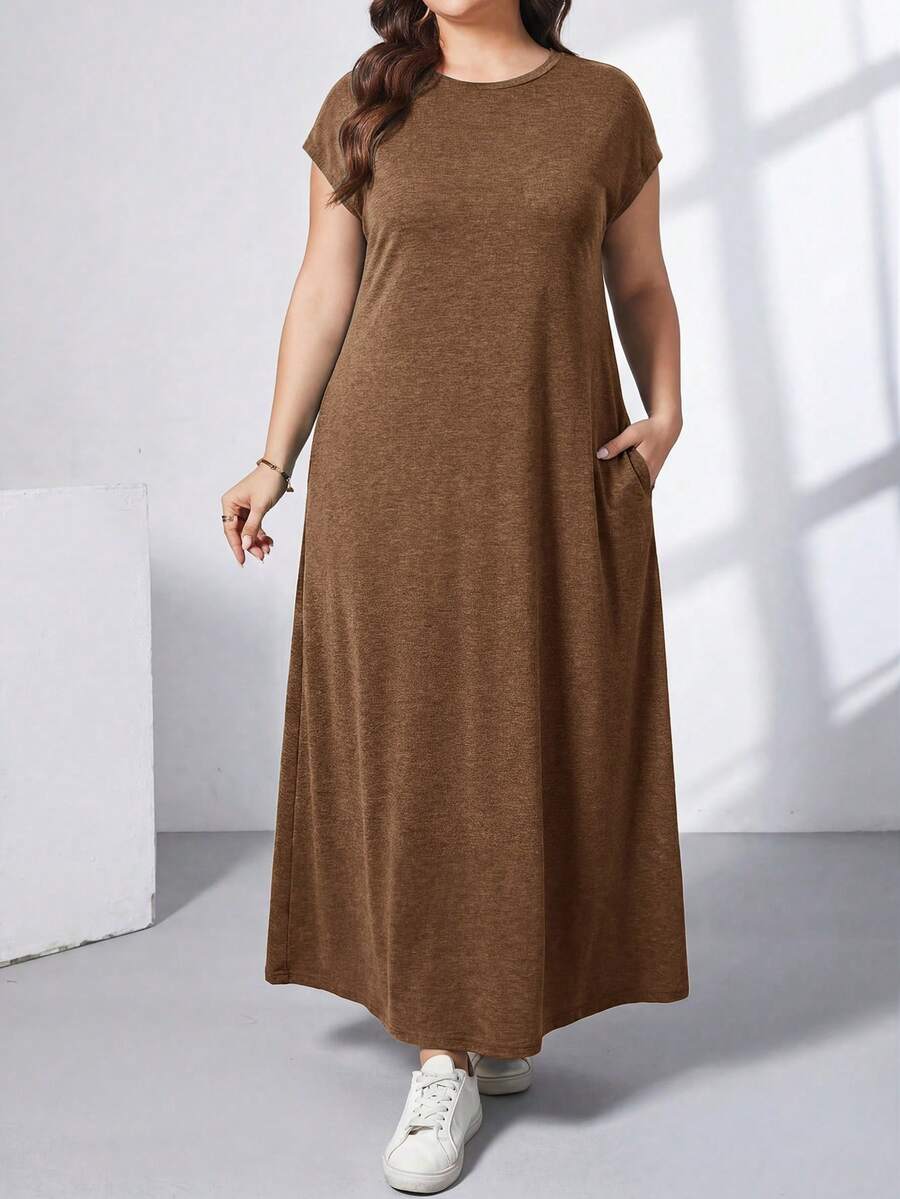 Ženska ležerna haljina plus size, jednobojna, sa okruglim izrezom, kratkim rukavima i džepom