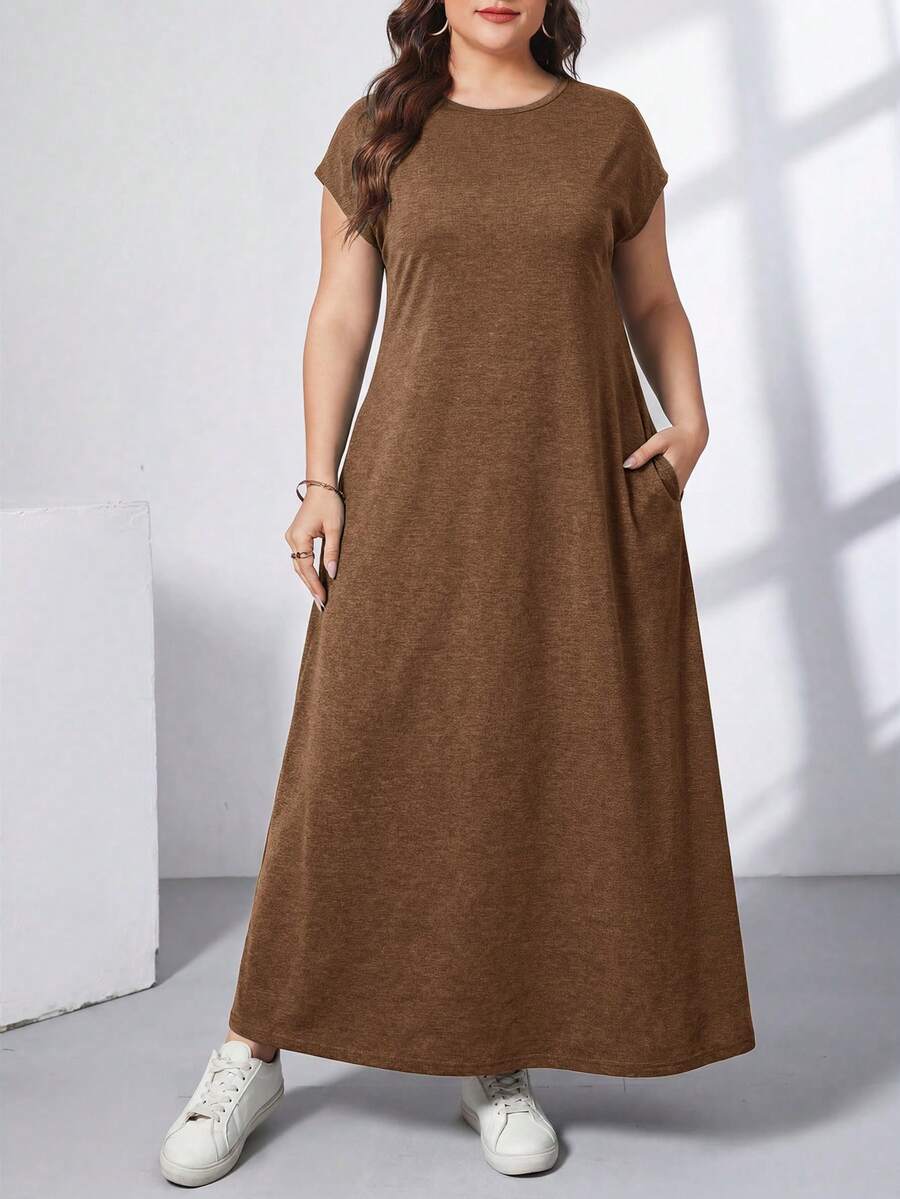 Ženska ležerna haljina plus size, jednobojna, sa okruglim izrezom, kratkim rukavima i džepom