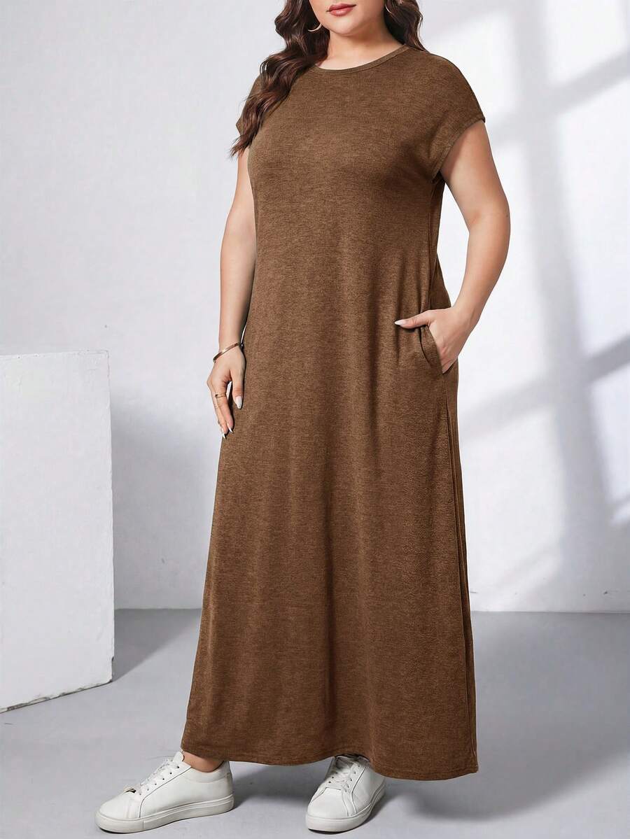Ženska ležerna haljina plus size, jednobojna, sa okruglim izrezom, kratkim rukavima i džepom