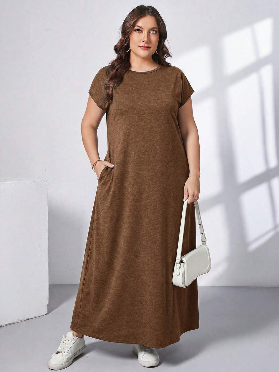 Ženska ležerna haljina plus size, jednobojna, sa okruglim izrezom, kratkim rukavima i džepom