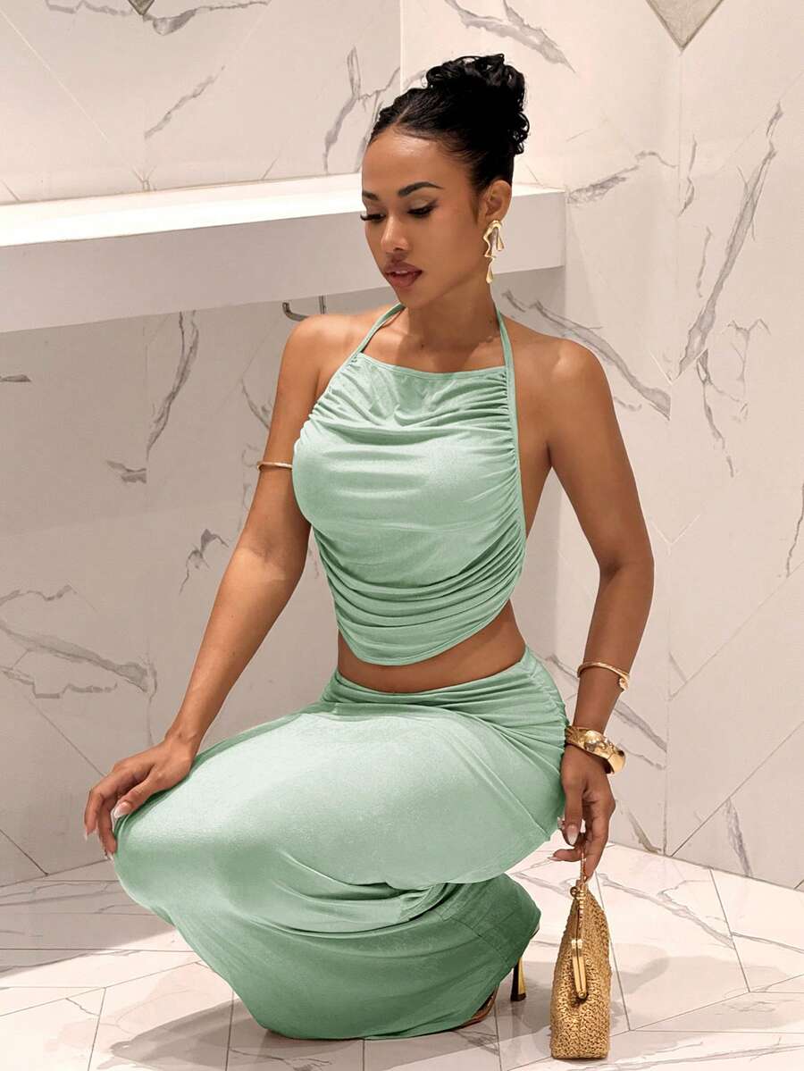 Ženski Set  - Halter Dekolte Ruffles Top & Maxi Suknja