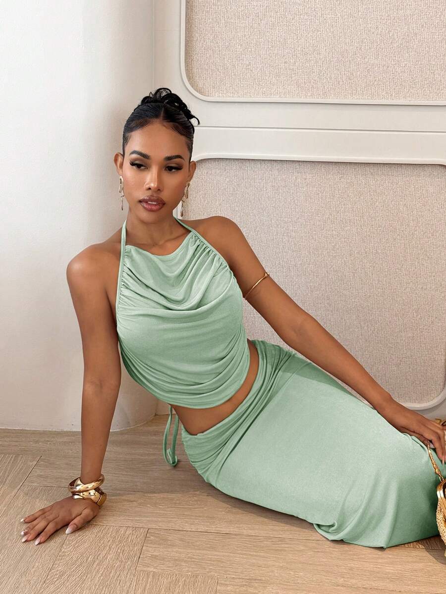 Ženski Set  - Halter Dekolte Ruffles Top & Maxi Suknja